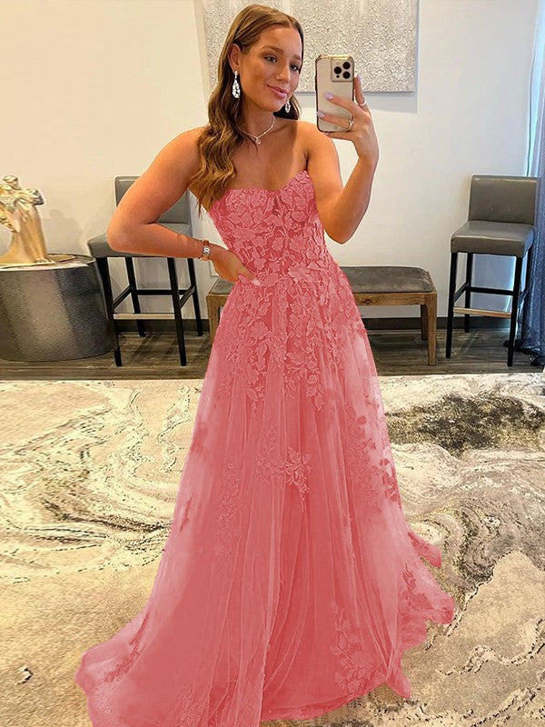A-Line/Princess Tulle Corset-Style Applique Sweetheart Sleeveless Sweep/Brush Train Prom Dress