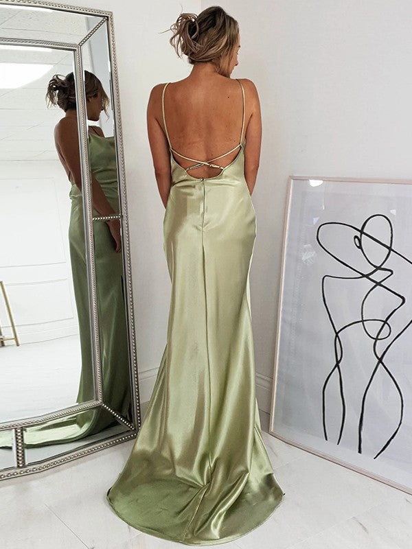 Sheath/Column Silk like Satin Ruched Spaghetti Straps Sleeveless Sweep/Brush Train Prom Dress