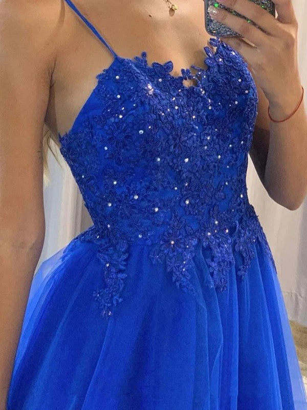 A-Line/Princess Tulle Applique Spaghetti Straps Sleeveless Sweep/Brush Train Prom Dress