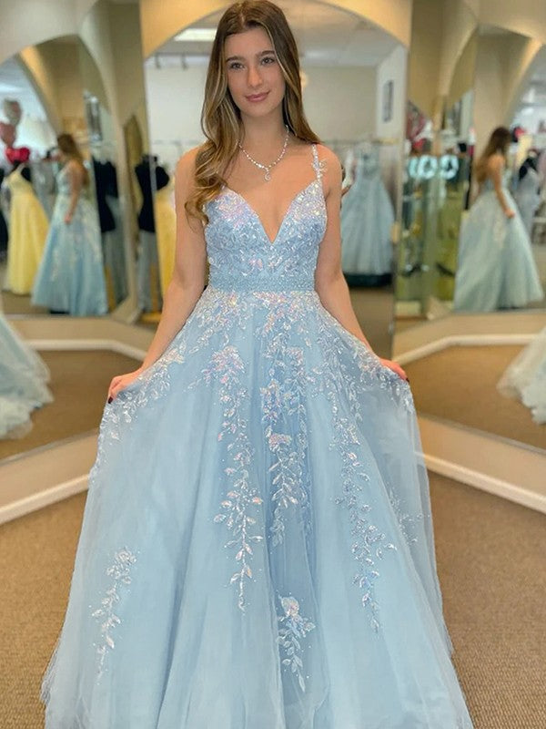 A-Line/Princess Tulle Applique V-neck Sleeveless Sweep/Brush Train Prom Dress