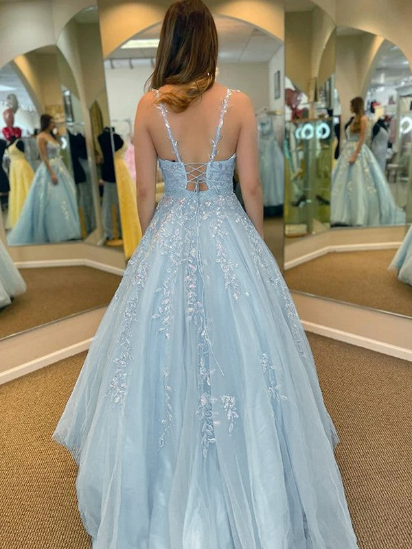 A-Line/Princess Tulle Applique V-neck Sleeveless Sweep/Brush Train Prom Dress