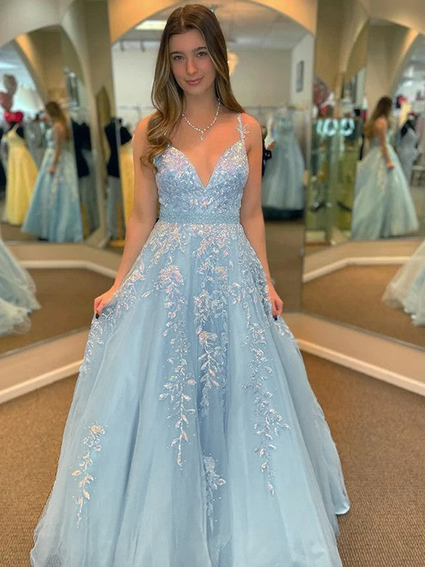 A-Line/Princess Tulle Applique V-neck Sleeveless Sweep/Brush Train Prom Dress