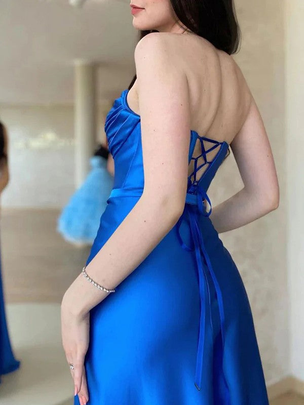 A-Line/Princess Silk like Satin Ruched Strapless Sleeveless Floor-Length Prom Dress