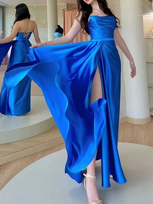 A-Line/Princess Silk like Satin Ruched Strapless Sleeveless Floor-Length Prom Dress