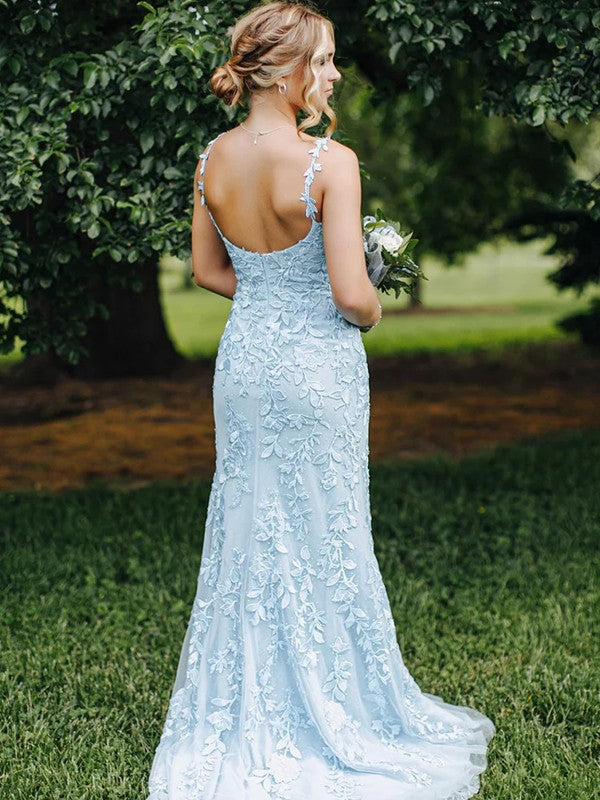 Sheath/Column Tulle Applique Straps Sleeveless Sweep/Brush Train Prom Dress