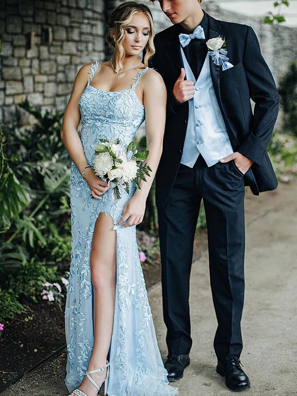 Sheath/Column Tulle Applique Straps Sleeveless Sweep/Brush Train Prom Dress