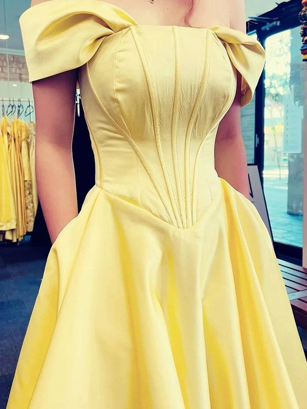A-Line/Princess Satin Ruffles Off-the-Shoulder Sleeveless Sweep/Brush Train Prom Dress