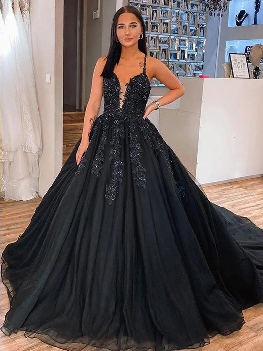 Ball Gown Tulle Applique V-neck Sleeveless Court Train Prom Dress