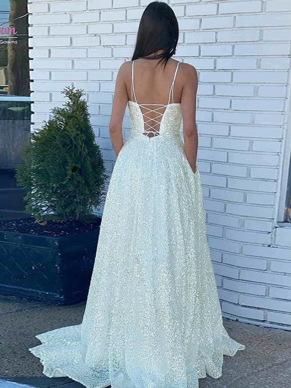 A-Line/Princess Sequins Spaghetti Straps Sleeveless Sweep/Brush Train Prom Dress