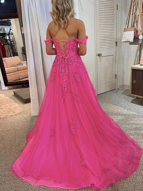 A-Line/Princess Tulle Applique Off-the-Shoulder Sleeveless Court Train Prom Dress