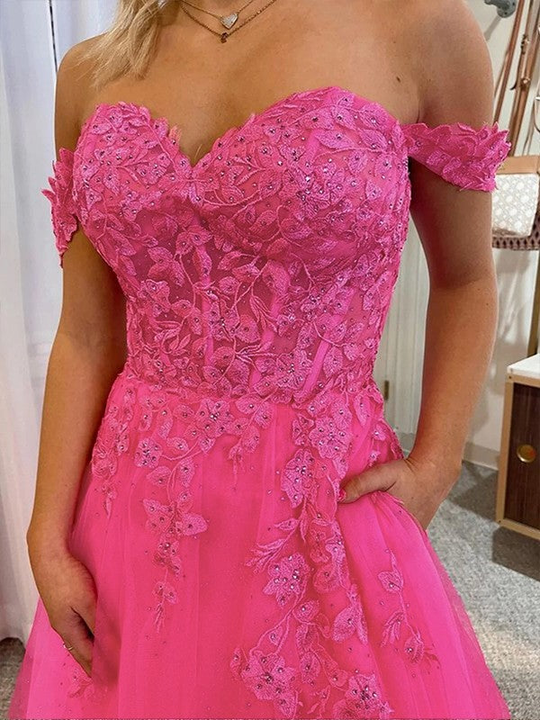 A-Line/Princess Tulle Applique Off-the-Shoulder Sleeveless Court Train Prom Dress