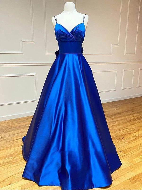 A-Line/Princess Satin Bowknot V-neck Sleeveless Court Train Prom Dress