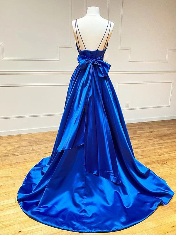 A-Line/Princess Satin Bowknot V-neck Sleeveless Court Train Prom Dress