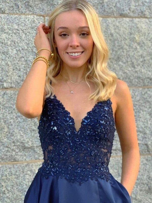 A-Line/Princess Elastic Woven Satin Applique V-neck Sleeveless Sweep/Brush Train Prom Dress