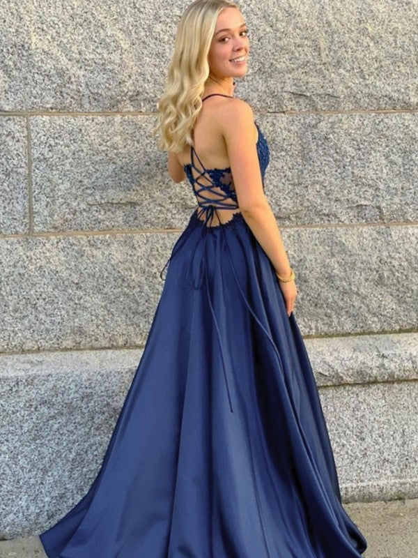 A-Line/Princess Elastic Woven Satin Applique V-neck Sleeveless Sweep/Brush Train Prom Dress