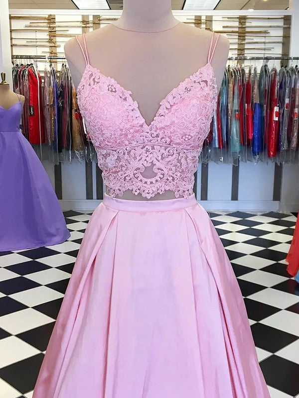 A-Line/Princess Satin Lace V-neck Sleeveless Floor-Length Prom Dress