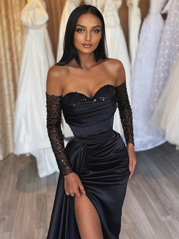 Sheath/Column Elastic Woven Satin Ruched Off-the-Shoulder Long Sleeves Sweep/Brush Train Prom Dress