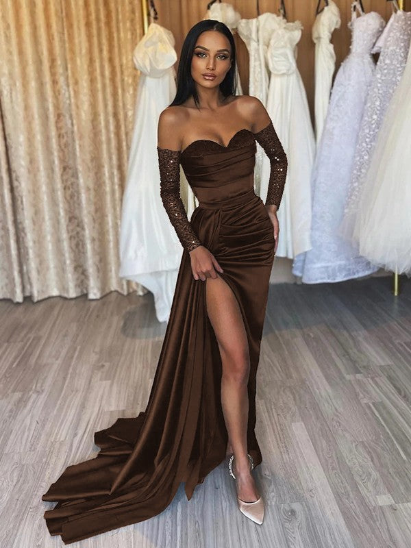 Sheath/Column Elastic Woven Satin Ruched Off-the-Shoulder Long Sleeves Sweep/Brush Train Prom Dress