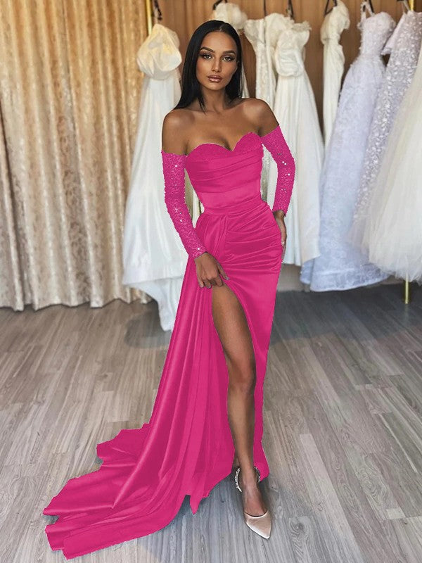 Sheath/Column Elastic Woven Satin Ruched Off-the-Shoulder Long Sleeves Sweep/Brush Train Prom Dress
