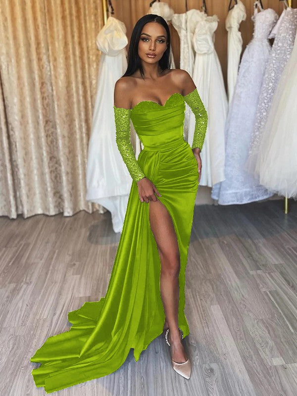 Sheath/Column Elastic Woven Satin Ruched Off-the-Shoulder Long Sleeves Sweep/Brush Train Prom Dress
