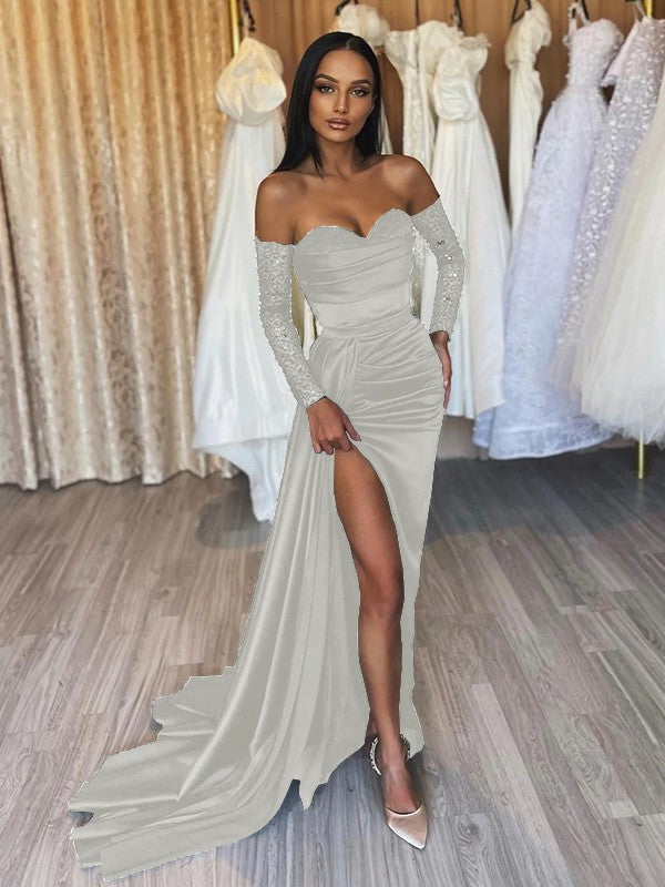 Sheath/Column Elastic Woven Satin Ruched Off-the-Shoulder Long Sleeves Sweep/Brush Train Prom Dress