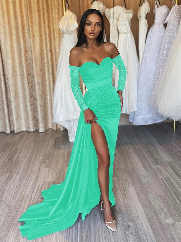 Sheath/Column Elastic Woven Satin Ruched Off-the-Shoulder Long Sleeves Sweep/Brush Train Prom Dress