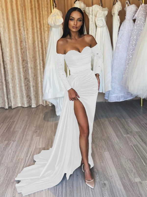 Sheath/Column Elastic Woven Satin Ruched Off-the-Shoulder Long Sleeves Sweep/Brush Train Prom Dress