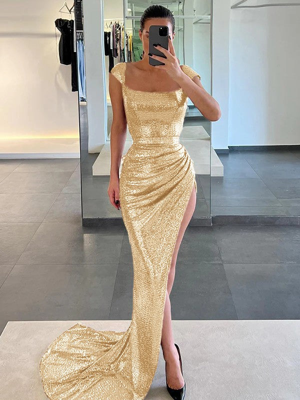 Sheath/Column Sequins Ruched Square Sleeveless Court Train Prom Dress