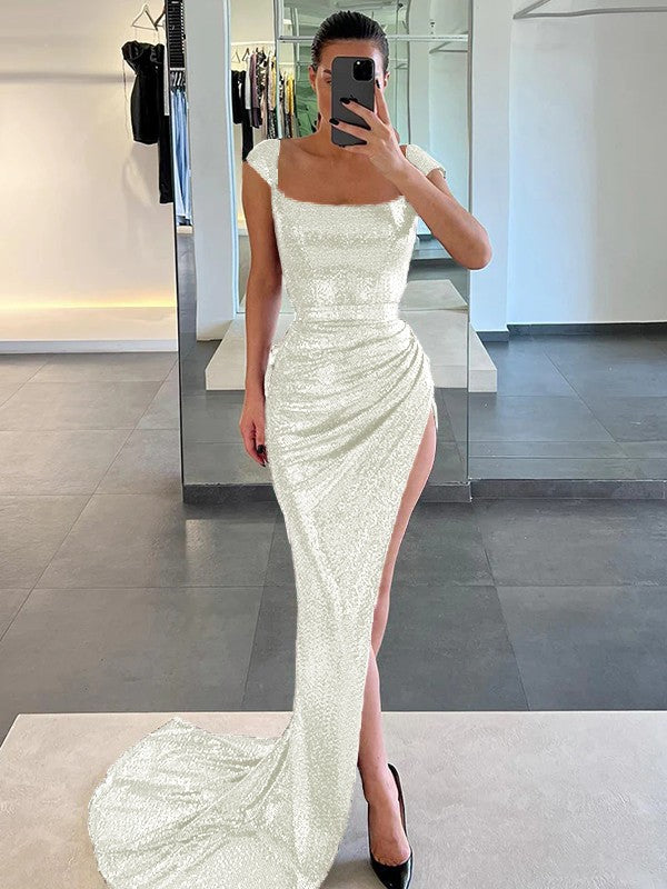 Sheath/Column Sequins Ruched Square Sleeveless Court Train Prom Dress