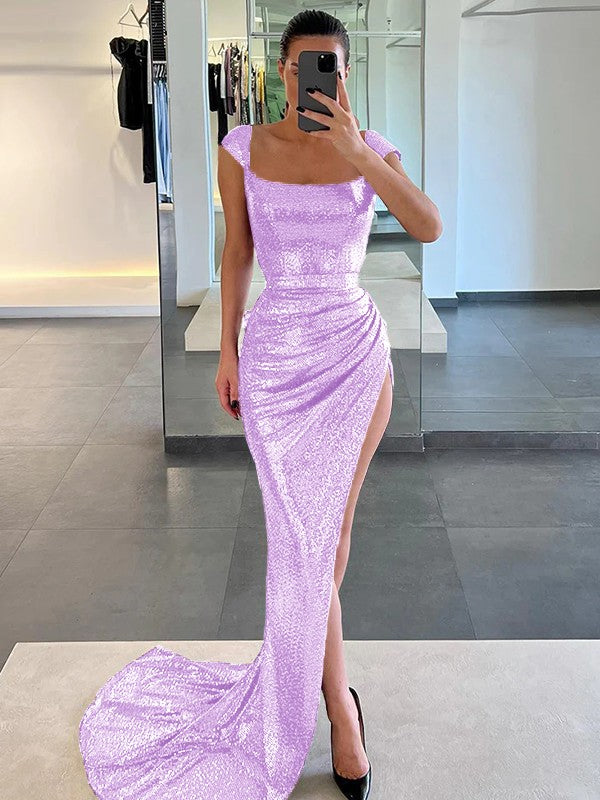 Sheath/Column Sequins Ruched Square Sleeveless Court Train Prom Dress