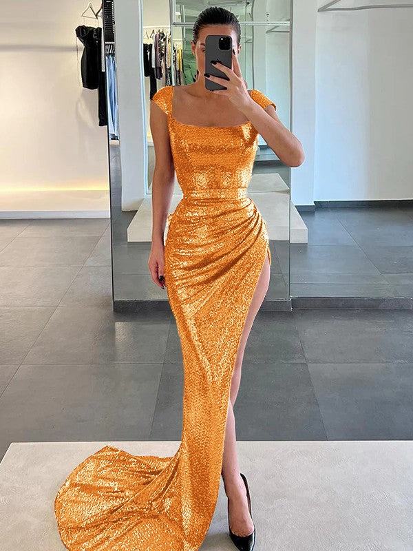 Sheath/Column Sequins Ruched Square Sleeveless Court Train Prom Dress