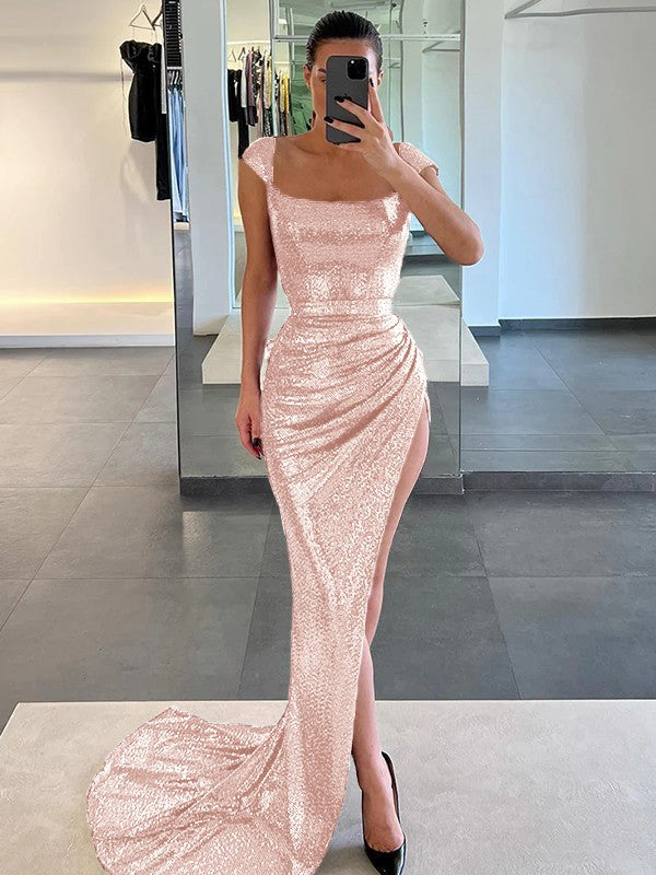 Sheath/Column Sequins Ruched Square Sleeveless Court Train Prom Dress
