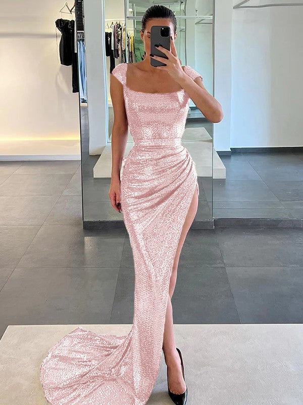 Sheath/Column Sequins Ruched Square Sleeveless Court Train Prom Dress