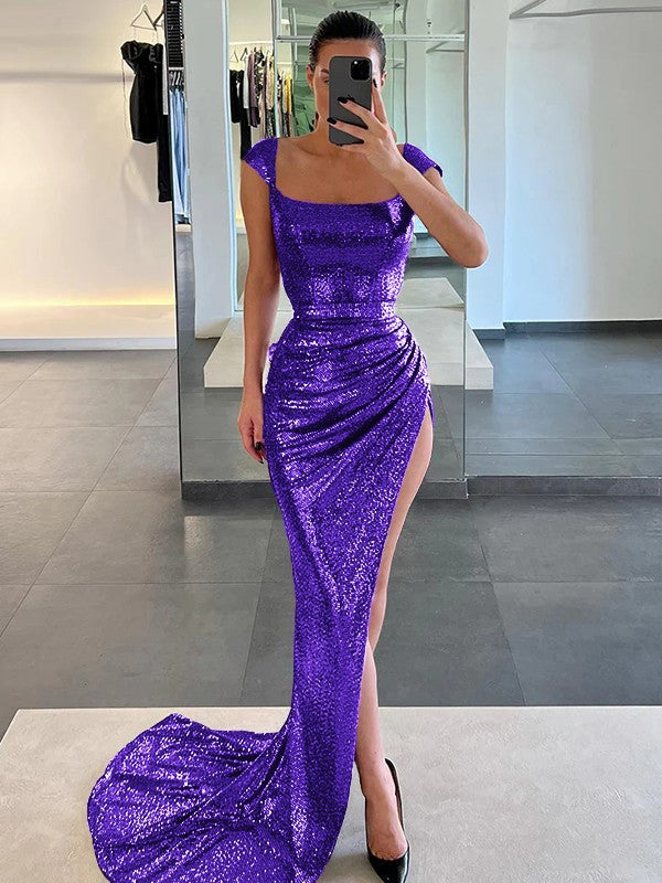 Sheath/Column Sequins Ruched Square Sleeveless Court Train Prom Dress