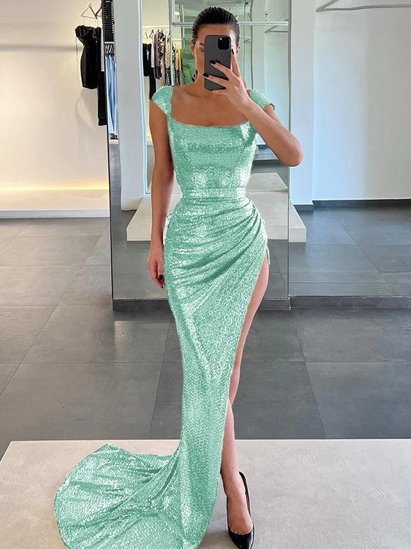 Sheath/Column Sequins Ruched Square Sleeveless Court Train Prom Dress