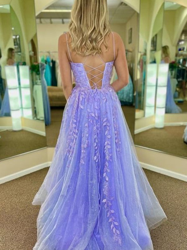 A-Line/Princess Tulle Applique Spaghetti Straps Sleeveless Sweep/Brush Train Prom Dress
