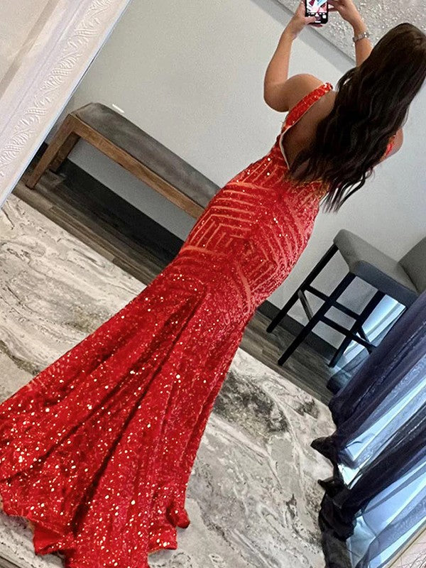 Sheath/Column V-neck Sleeveless Sweep/Brush Train Prom Dress