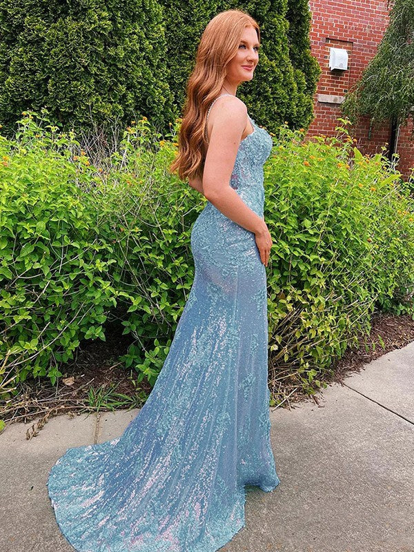 Sheath/Column Sequins Applique Spaghetti Straps Sleeveless Sweep/Brush Train Prom Dress