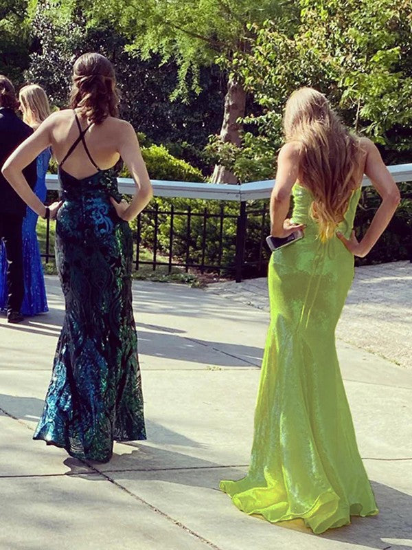 Sheath/Column Sequins Spaghetti Straps Sleeveless Sweep/Brush Train Prom Dress