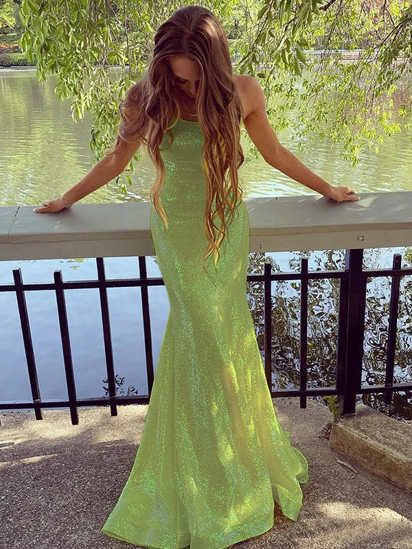 Sheath/Column Sequins Spaghetti Straps Sleeveless Sweep/Brush Train Prom Dress
