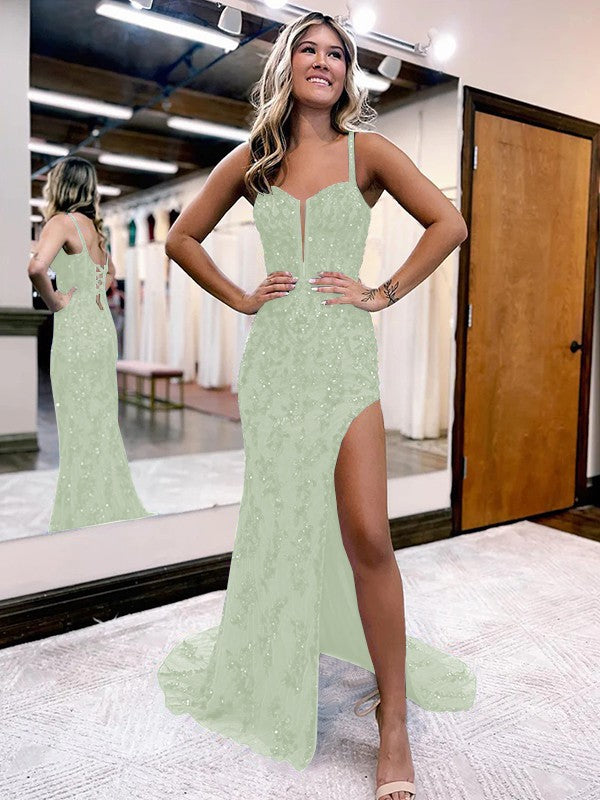 Sheath/Column Lace Straps Sleeveless Sweep/Brush Train Corset Prom Dress
