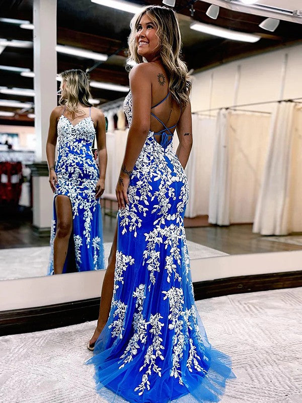 Sheath/Column Tulle Applique V-neck Sleeveless Sweep/Brush Train Prom Dress