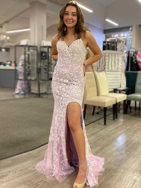 Sheath/Column Tulle Applique V-neck Sleeveless Sweep/Brush Train Prom Dress
