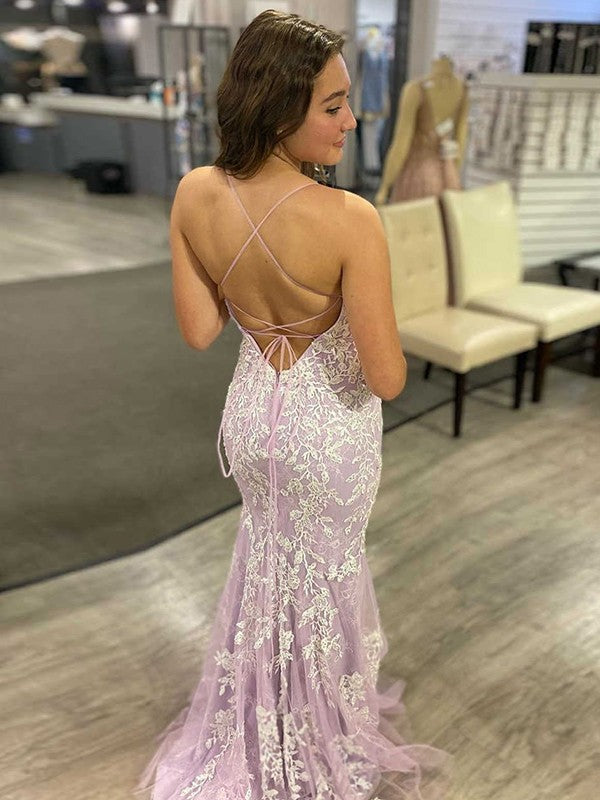 Sheath/Column Tulle Applique V-neck Sleeveless Sweep/Brush Train Prom Dress