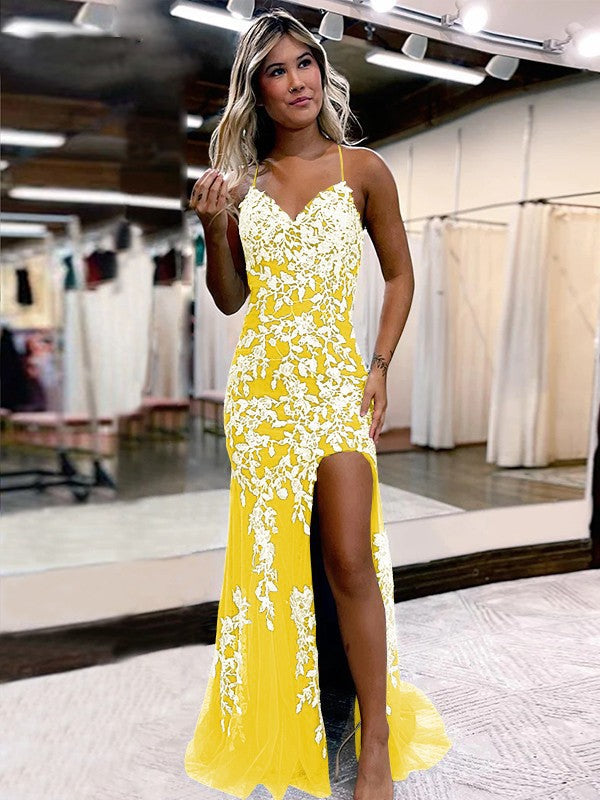 Sheath/Column Tulle Applique V-neck Sleeveless Sweep/Brush Train Prom Dress