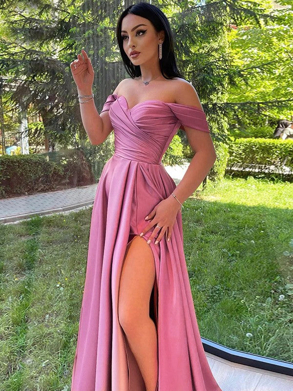 A-Line/Princess Satin Ruched Off-the-Shoulder Sleeveless Sweep/Brush Train Prom Dress