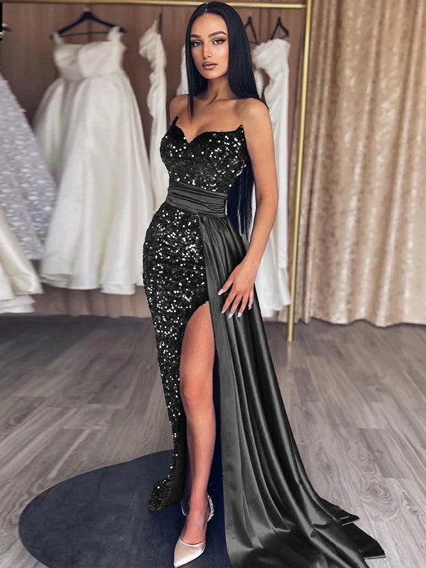 Sheath/Column Velvet Sequins Ruched Sweetheart Sleeveless Sweep/Brush Train Prom Dress
