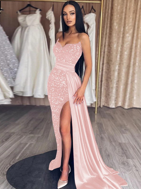 Sheath/Column Velvet Sequins Ruched Sweetheart Sleeveless Sweep/Brush Train Prom Dress