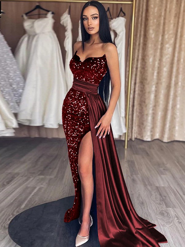 Sheath/Column Velvet Sequins Ruched Sweetheart Sleeveless Sweep/Brush Train Prom Dress