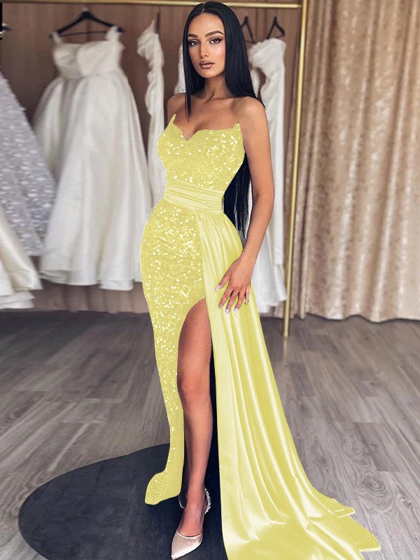Sheath/Column Velvet Sequins Ruched Sweetheart Sleeveless Sweep/Brush Train Prom Dress